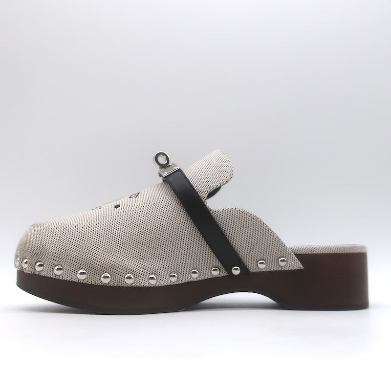 Hermes Carlotta Logo Print Canvas Clog Mules Pearl Gray Size 36