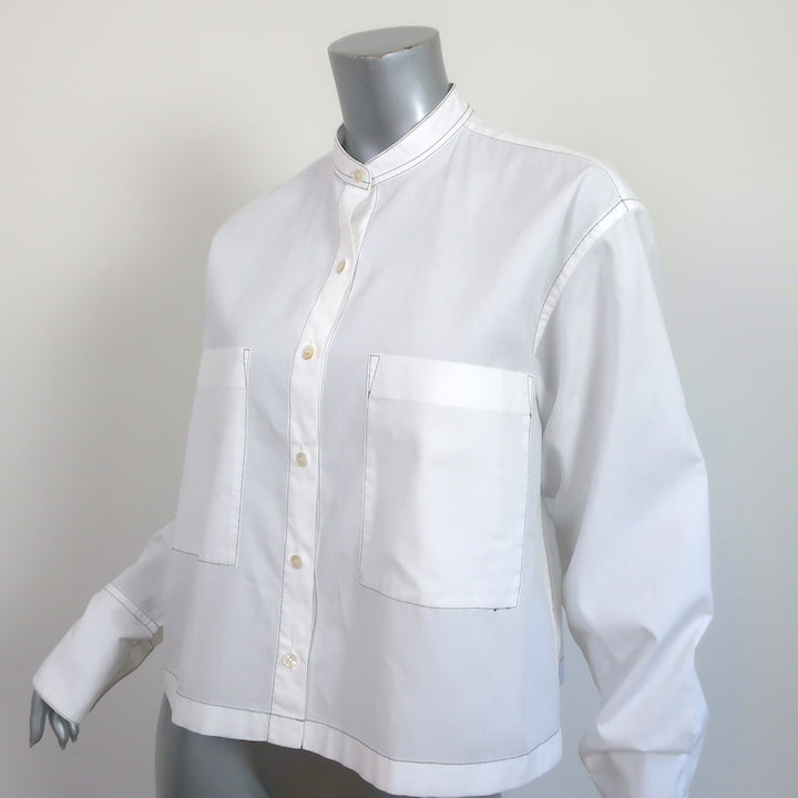 Yune Ho Button Down Shirt White Topstitched Cotton Size Small Long Sleeve Top