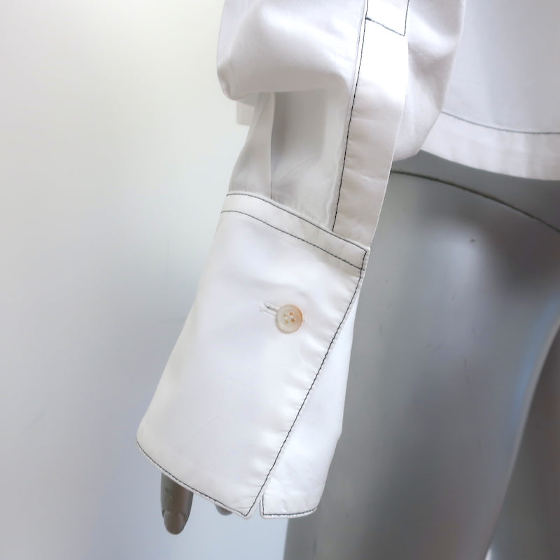 Yune Ho Button Down Shirt White Topstitched Cotton Size Small Long Sleeve Top