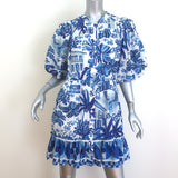 FARM Rio Sweet Rio Puff Sleeve Mini Dress Blue/White Printed Size Medium NEW
