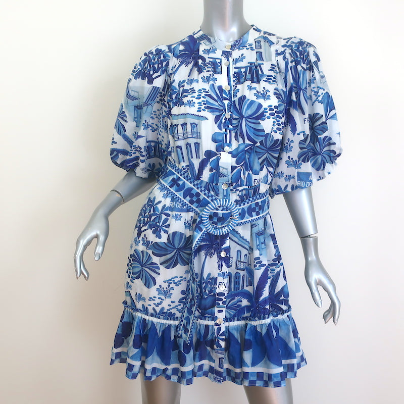FARM Rio Sweet Rio Puff Sleeve Mini Dress Blue/White Printed Size Medi Celebrity Owned FARM Rio Sweet Rio Puff Sleeve Mini Dress Blue/White Printed Size Medi Celebrity Owned