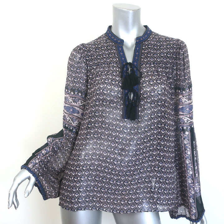 Ulla Johnson Amala Tie-Neck Blouse Black Printed Chiffon Size 10 Long Sleeve Top