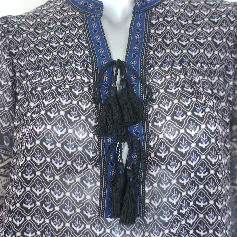 Ulla Johnson Amala Tie-Neck Blouse Black Printed Chiffon Size 10 Long Sleeve Top