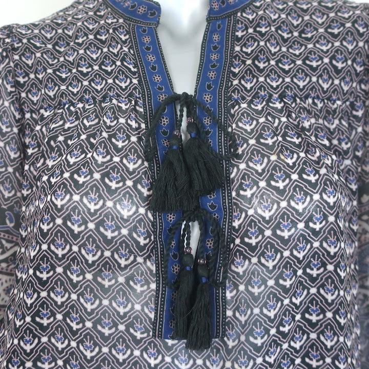 Ulla Johnson Amala Tie-Neck Blouse Black Printed Chiffon Size 10 Long Sleeve Top