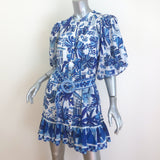 FARM Rio Sweet Rio Puff Sleeve Mini Dress Blue/White Printed Size Medium NEW