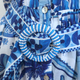 FARM Rio Sweet Rio Puff Sleeve Mini Dress Blue/White Printed Size Medium NEW