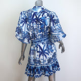FARM Rio Sweet Rio Puff Sleeve Mini Dress Blue/White Printed Size Medium NEW