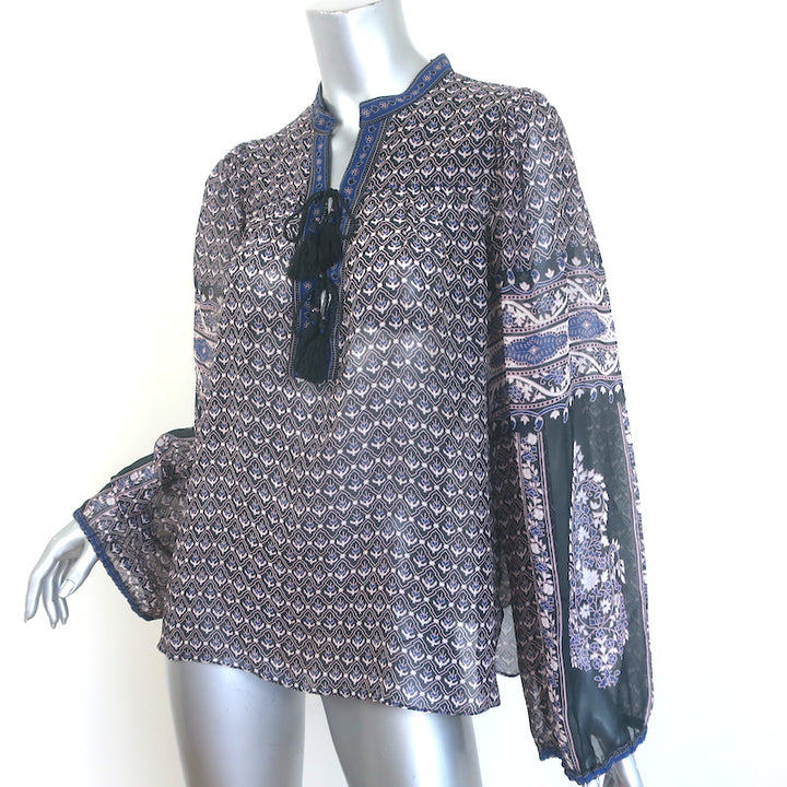 Ulla Johnson Amala Tie-Neck Blouse Black Printed Chiffon Size 10 Long Sleeve Top