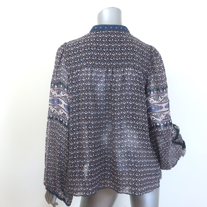 Ulla Johnson Amala Tie-Neck Blouse Black Printed Chiffon Size 10 Long Sleeve Top