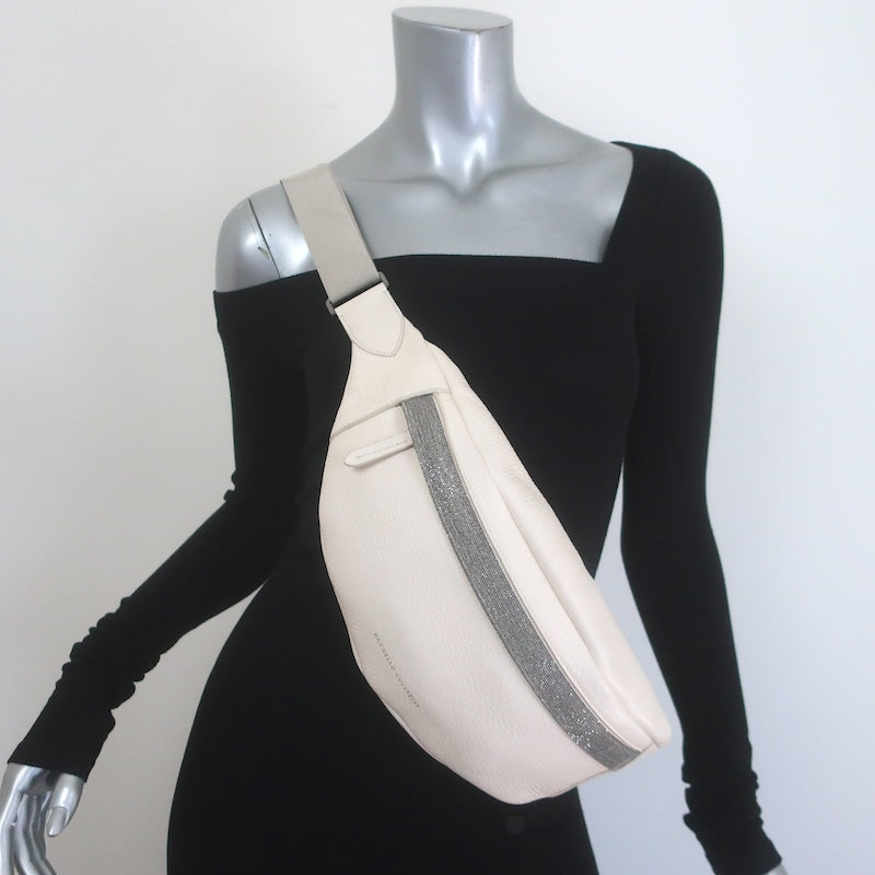 Brunello Cucinelli Monili-Trimmed Belt Bag Cream Pebbled Leather Crossbody