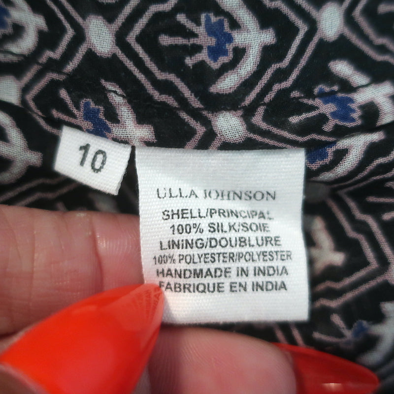 Ulla Johnson Amala Tie-Neck Blouse Black Printed Chiffon Size 10 Long Sleeve Top