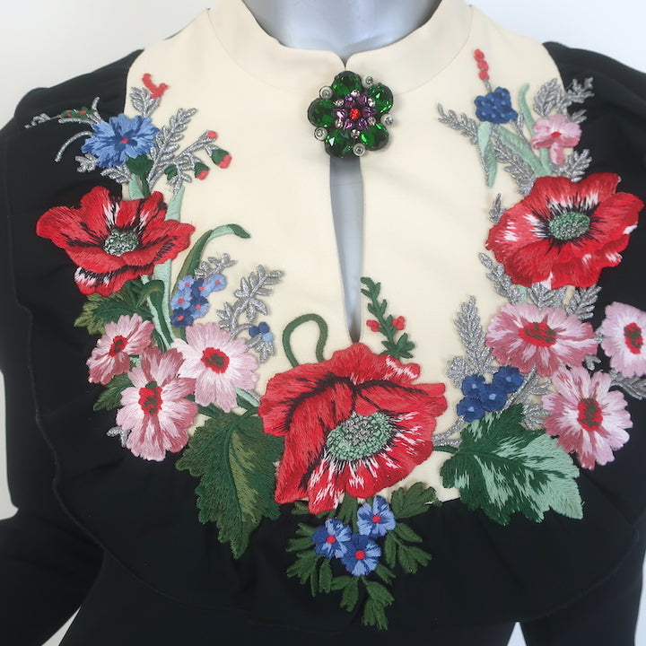 Gucci Floral-Embroidered Bib Mini Dress Black Crepe Size 36