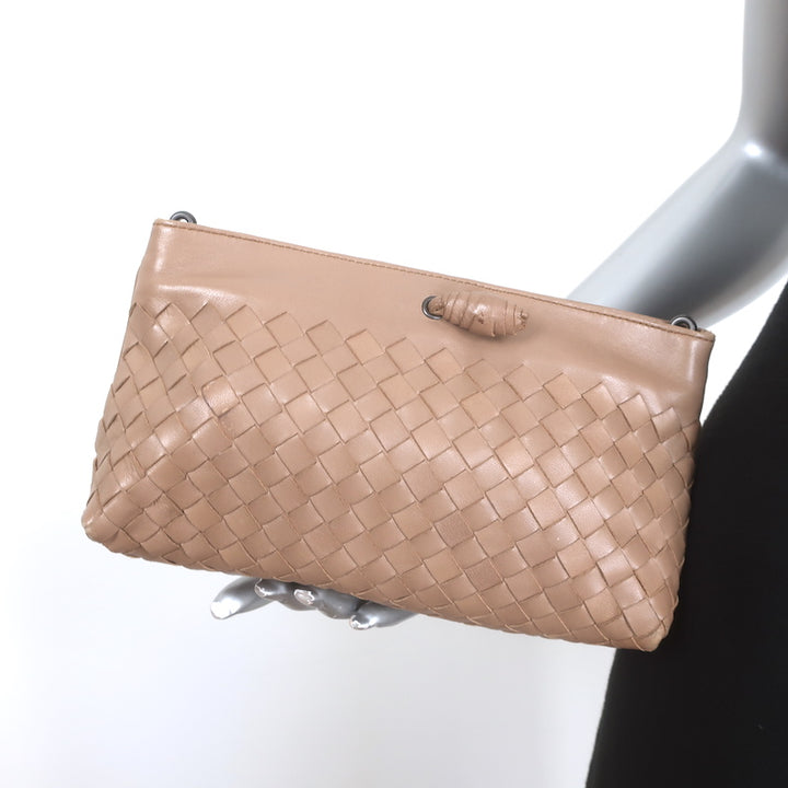 Bottega Veneta Braided Strap Mini Wristlet Clutch Beige Intrecciato Leather