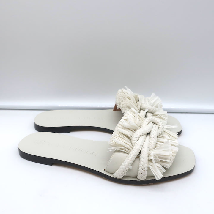 Tory Burch Rope Slides White Raffia &amp; Leather Size 6 Flat Sandals NEW