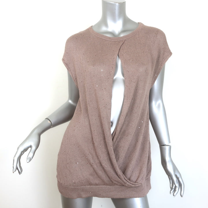 Brunello Cucinelli Sequined Open-Front Sleeveless Sweater Beige Size Large
