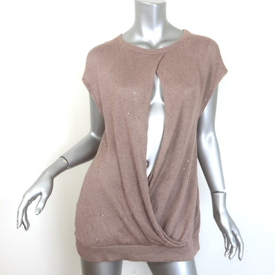 Brunello Cucinelli Sequined Open-Front Sleeveless Sweater Beige Size Large