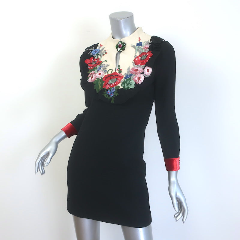 Gucci Floral-Embroidered Bib Mini Dress Black Crepe Size 36