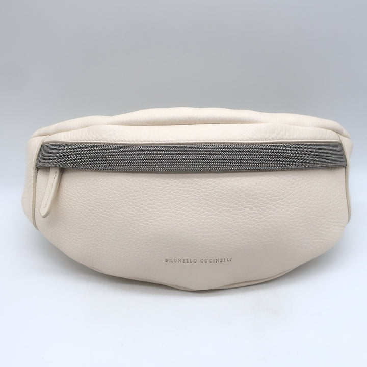 Brunello Cucinelli Monili-Trimmed Belt Bag Cream Pebbled Leather Crossbody