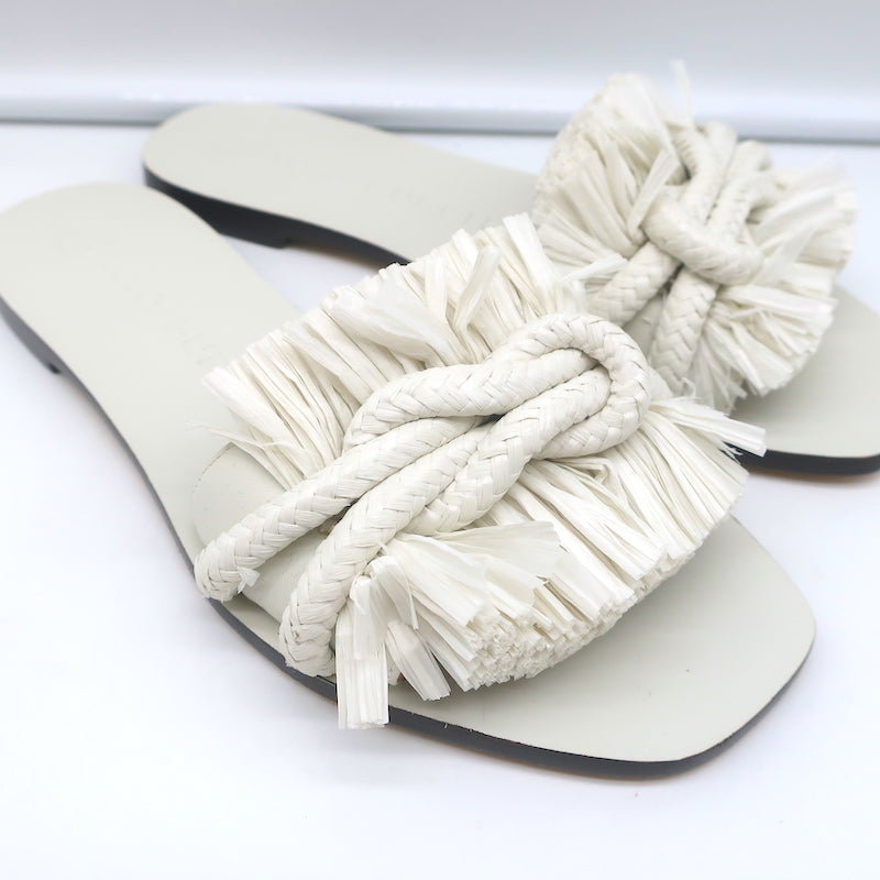 Tory Burch Rope Slides White Raffia &amp; Leather Size 6 Flat Sandals NEW