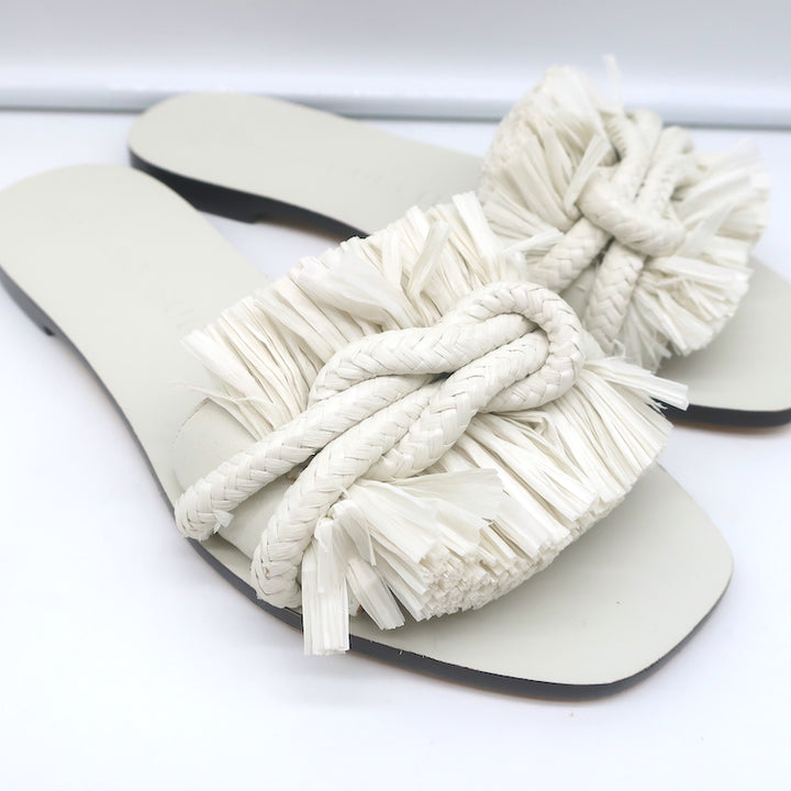 Tory Burch Rope Slides White Raffia &amp; Leather Size 6 Flat Sandals NEW