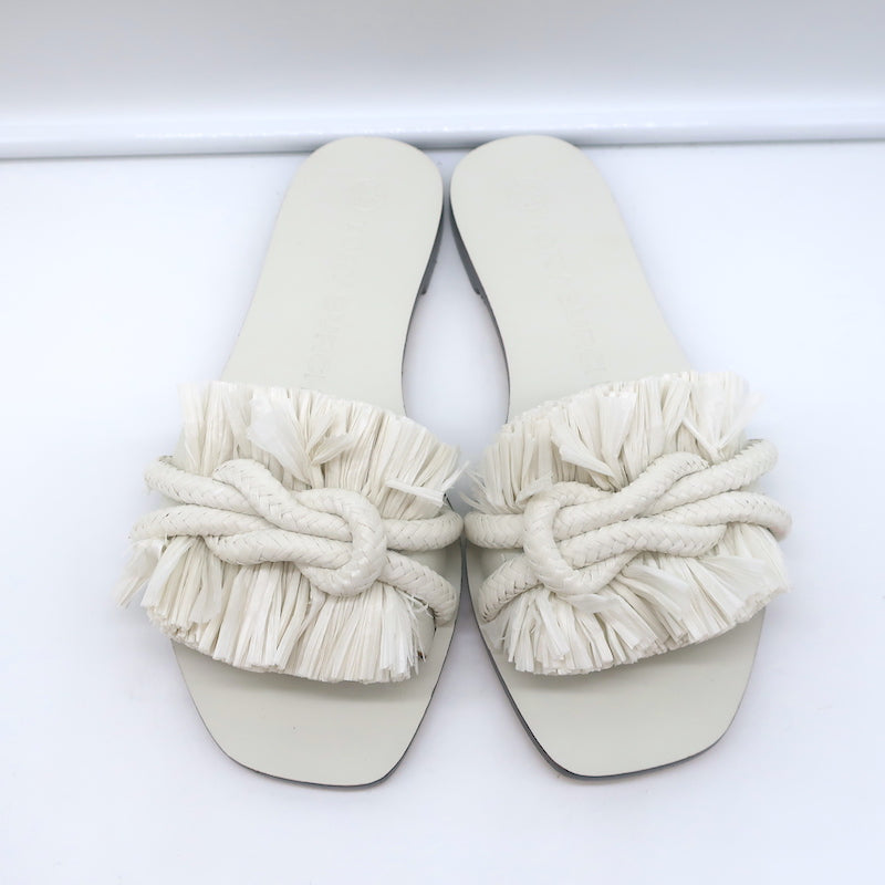 Tory Burch Rope Slides White Raffia &amp; Leather Size 6 Flat Sandals NEW