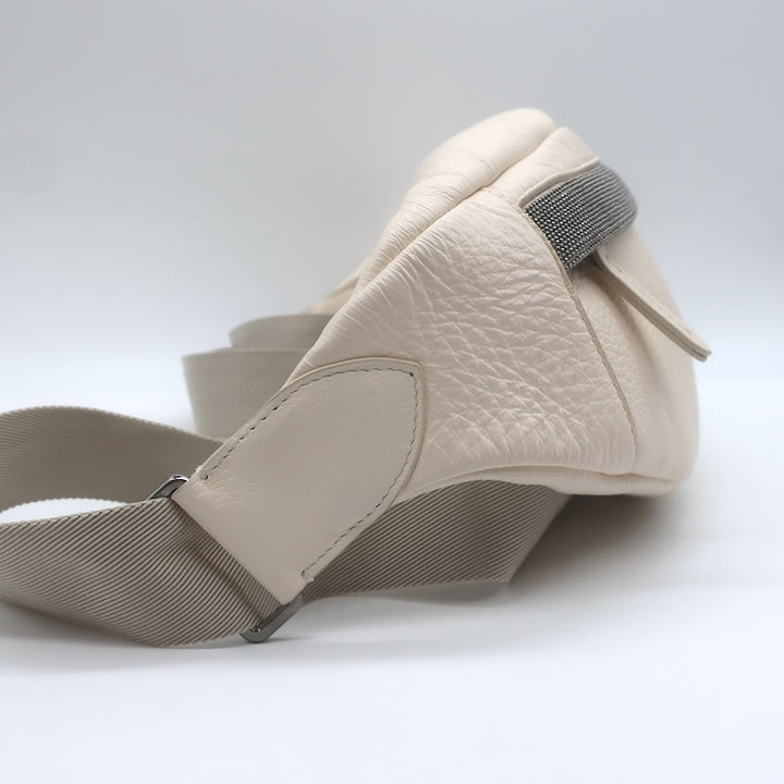 Brunello Cucinelli Monili-Trimmed Belt Bag Cream Pebbled Leather Crossbody