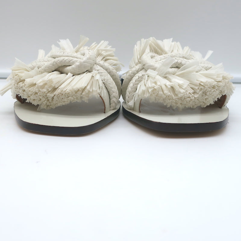 Tory Burch Rope Slides White Raffia &amp; Leather Size 6 Flat Sandals NEW