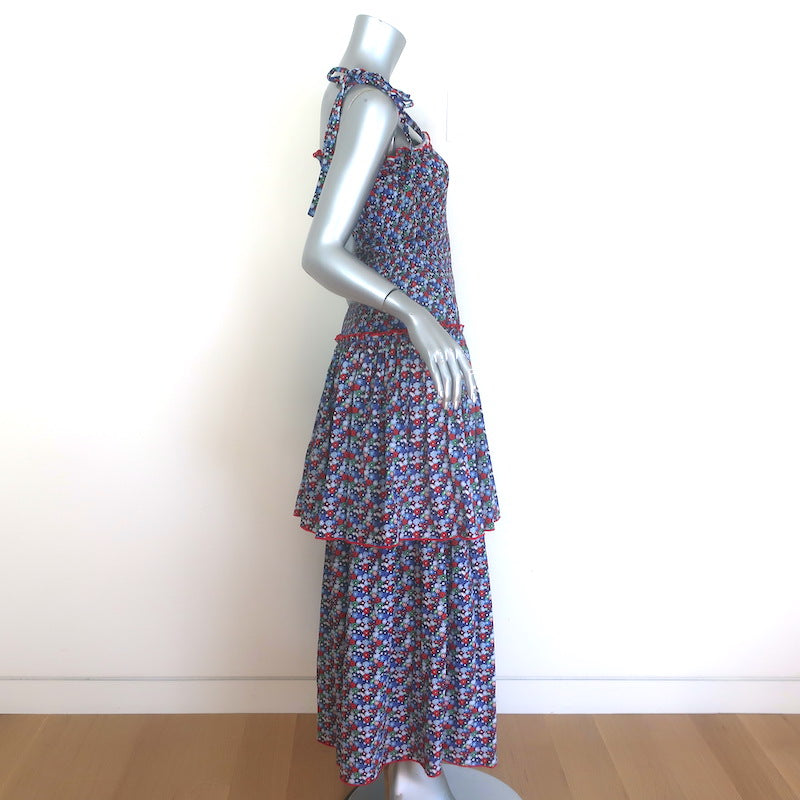 Gul Hurgel Tie-Strap Smocked Maxi Dress Navy Floral Print Cotton Size Small