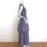 Gul Hurgel Tie-Strap Smocked Maxi Dress Navy Floral Print Cotton Size Small