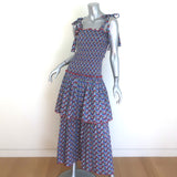 Gul Hurgel Tie-Strap Smocked Maxi Dress Navy Floral Print Cotton Size Small