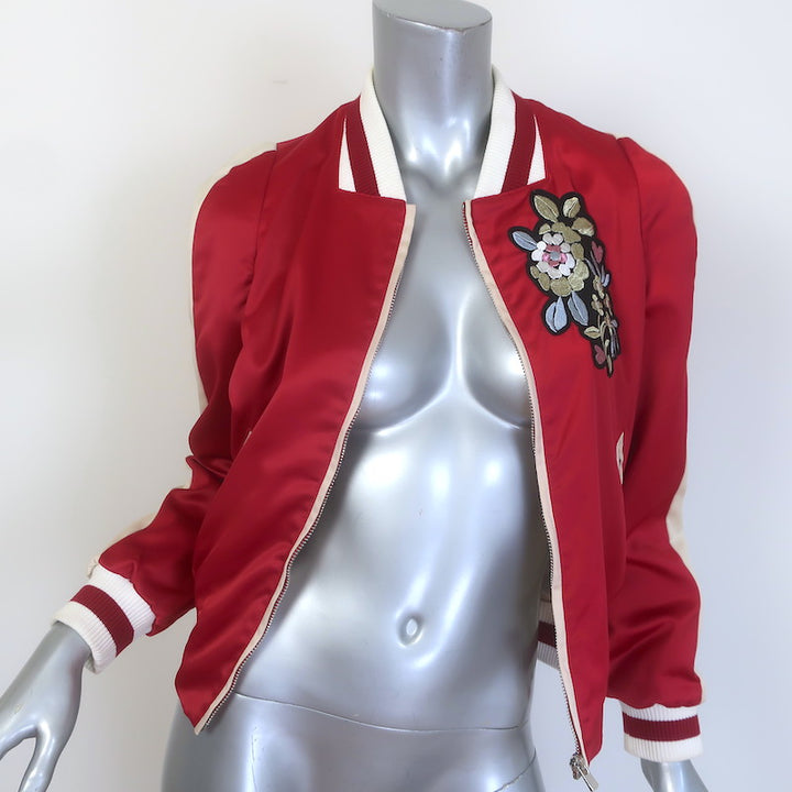 Maje Embroidered Satin Varsity Jacket Red Size 38