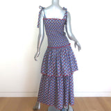 Gul Hurgel Tie-Strap Smocked Maxi Dress Navy Floral Print Cotton Size Small