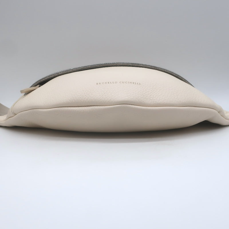 Brunello Cucinelli Monili-Trimmed Belt Bag Cream Pebbled Leather Crossbody