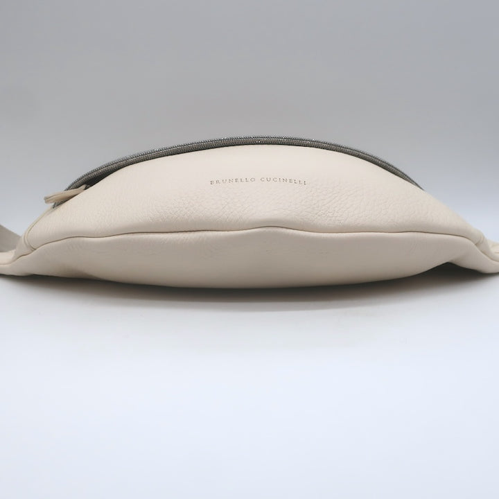 Brunello Cucinelli Monili-Trimmed Belt Bag Cream Pebbled Leather Crossbody