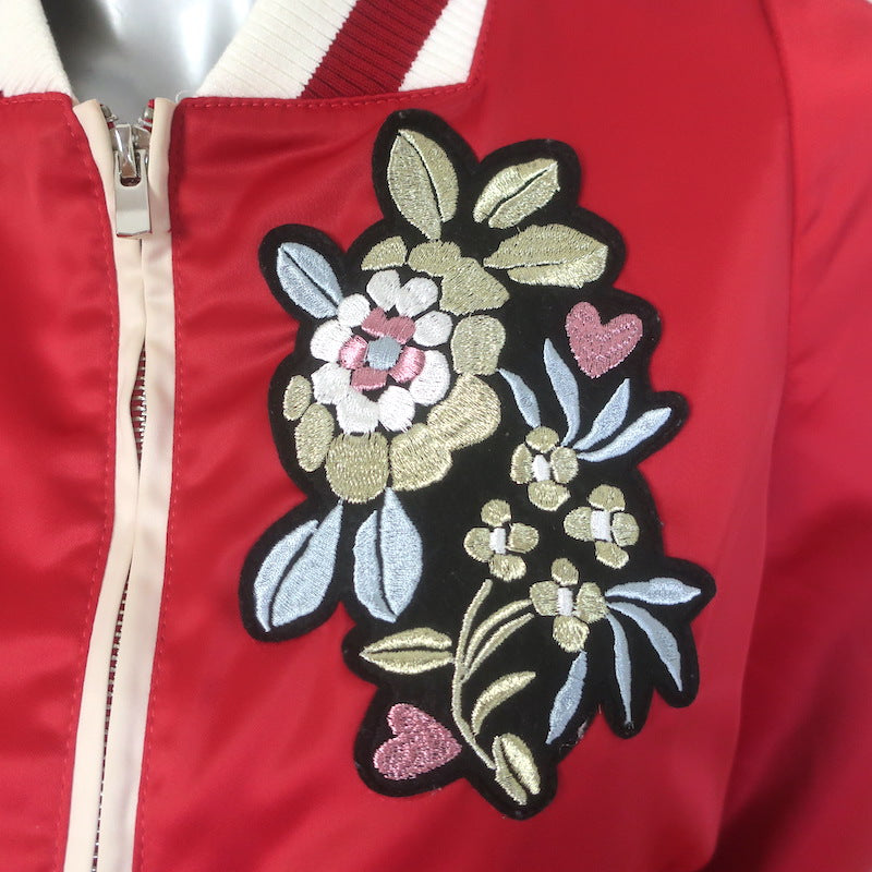 Maje Embroidered Satin Varsity Jacket Red Size 38