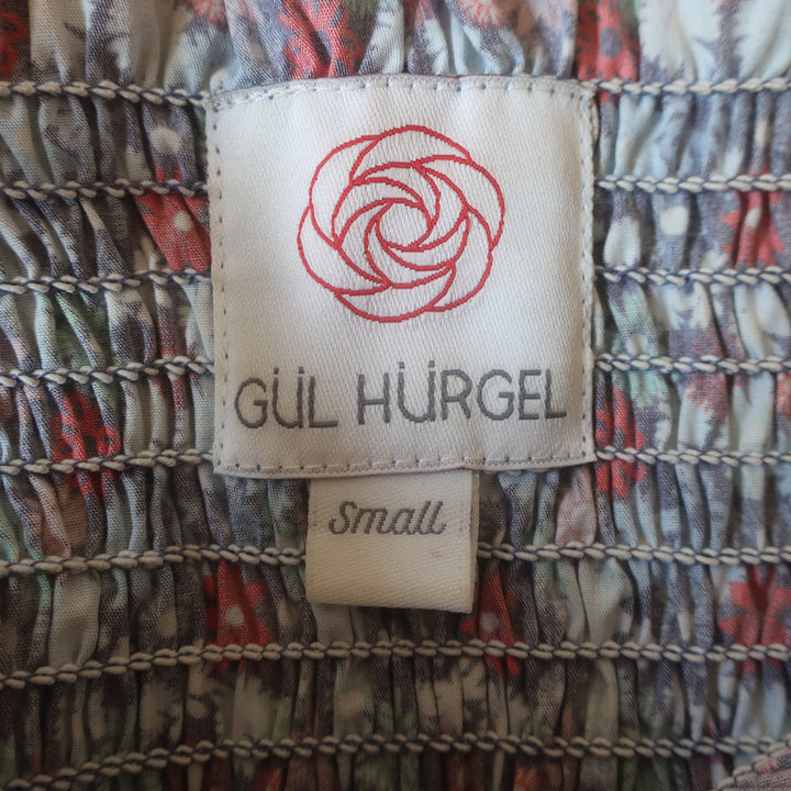Gul Hurgel Tie-Strap Smocked Maxi Dress Navy Floral Print Cotton Size Small