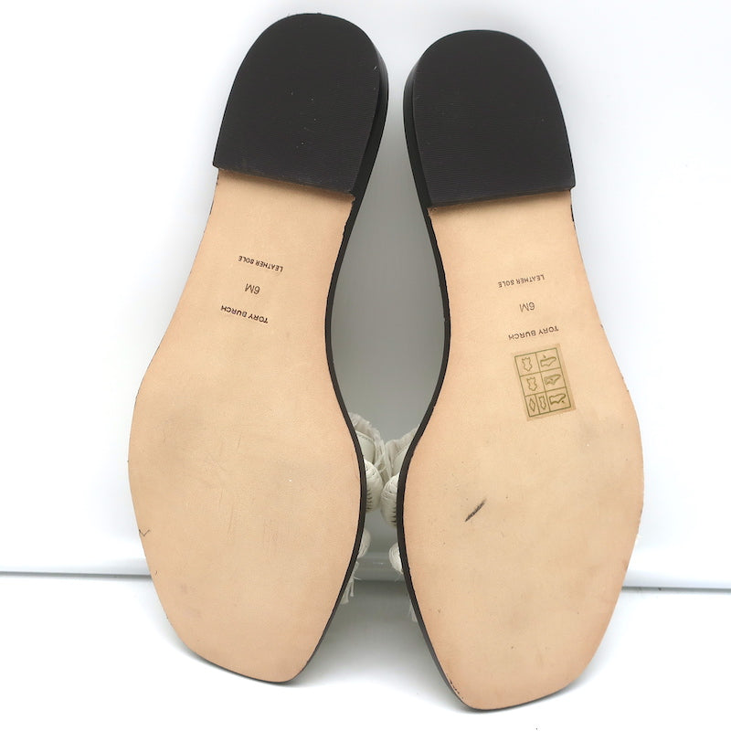 Tory Burch Rope Slides White Raffia &amp; Leather Size 6 Flat Sandals NEW
