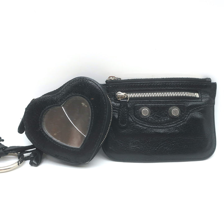 Balenciaga Le Cagole Keychain Card Holder &amp; Coin Purse Black Leather