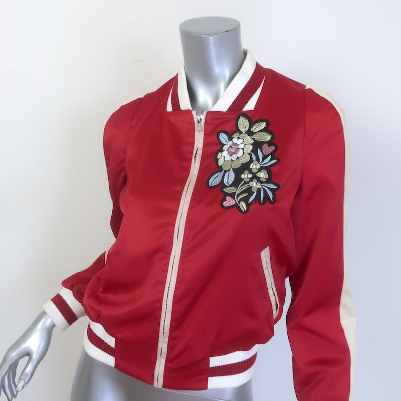 Maje Embroidered Satin Varsity Jacket Red Size 38