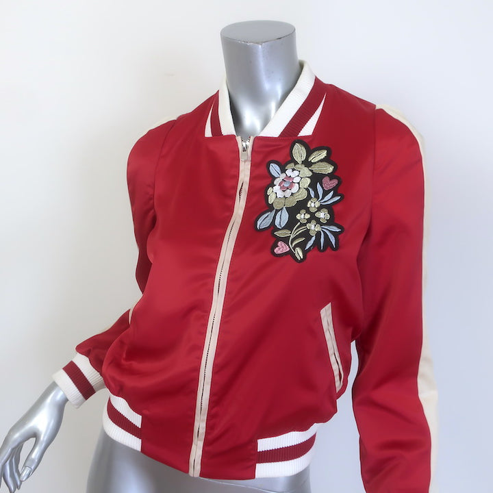 Maje Embroidered Satin Varsity Jacket Red Size 38