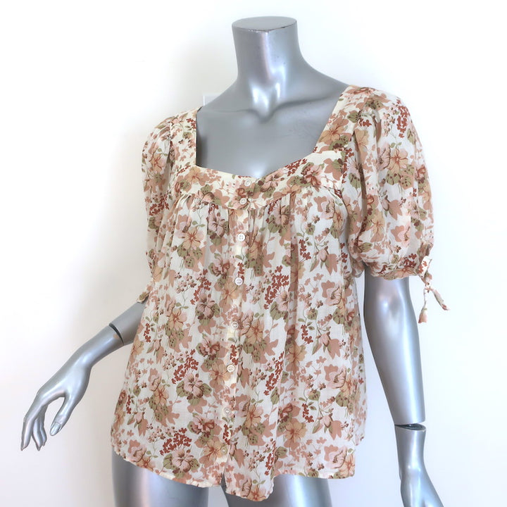Doen Bay Tie-Sleeve Button Up Top Canyon Floral Print Ramie Size Medium