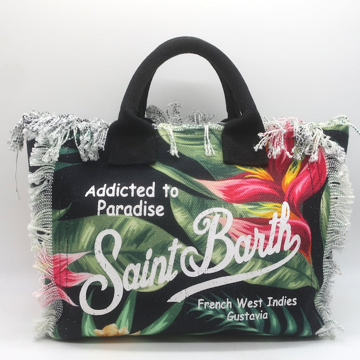 MC2 Saint Barth Addicted to Paradise Canvas Tote Bag Black Tropical Floral Print