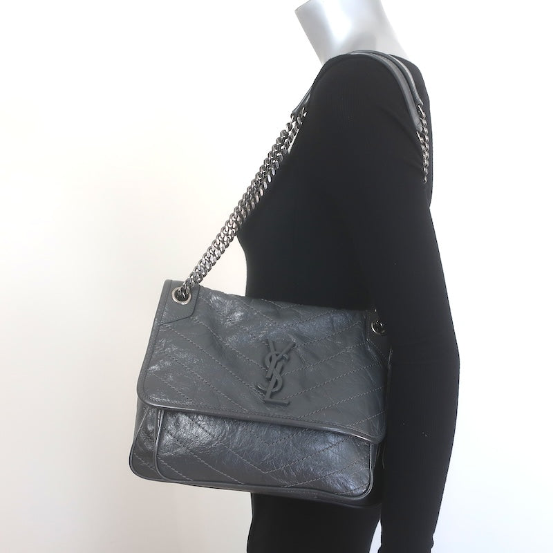 Saint Laurent Niki YSL Medium Flap Bag Storm Gray Crinkled Leather Crossbody