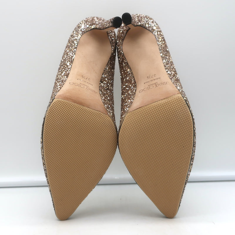Jimmy Choo Romy 100 Glitter Pumps Gold Size 37.5 Pointed Toe Heels