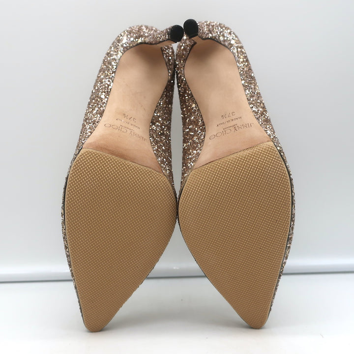 Jimmy Choo Romy 100 Glitter Pumps Gold Size 37.5 Pointed Toe Heels