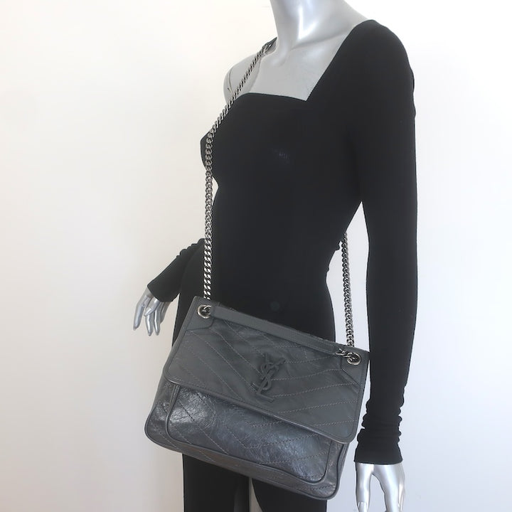Saint Laurent Niki YSL Medium Flap Bag Storm Gray Crinkled Leather Crossbody