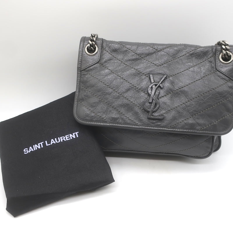 Saint Laurent Niki YSL Medium Flap Bag Storm Gray Crinkled Leather Crossbody