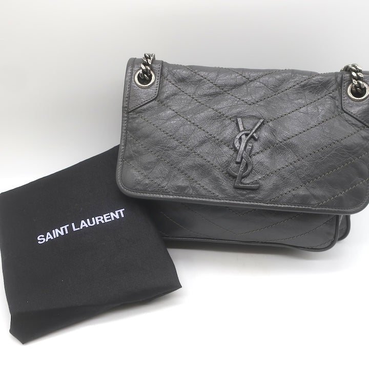 Saint Laurent Niki YSL Medium Flap Bag Storm Gray Crinkled Leather Crossbody