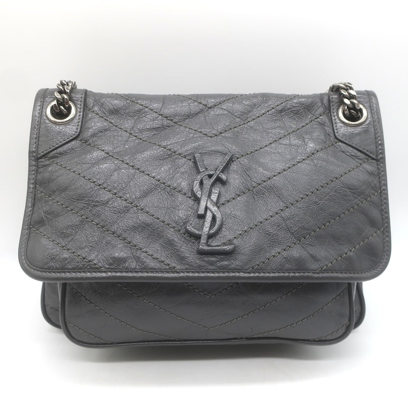Saint Laurent Niki YSL Medium Flap Bag Storm Gray Crinkled Leather Crossbody