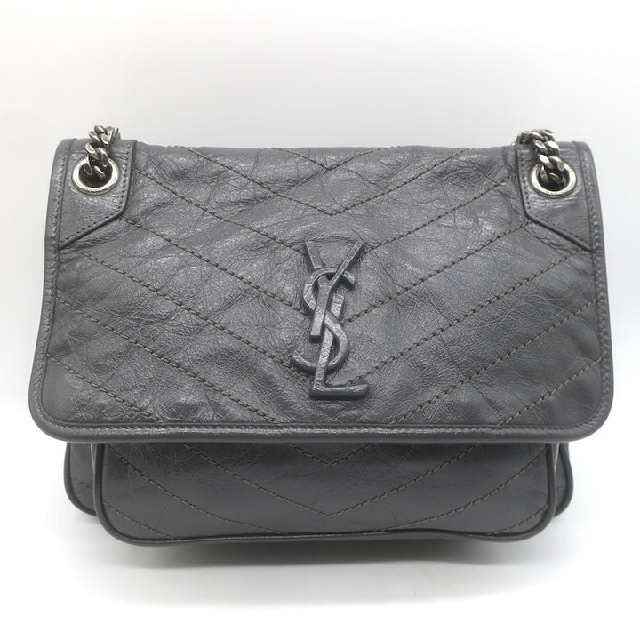 Saint Laurent Niki YSL Medium Flap Bag Storm Gray Crinkled Leather Crossbody